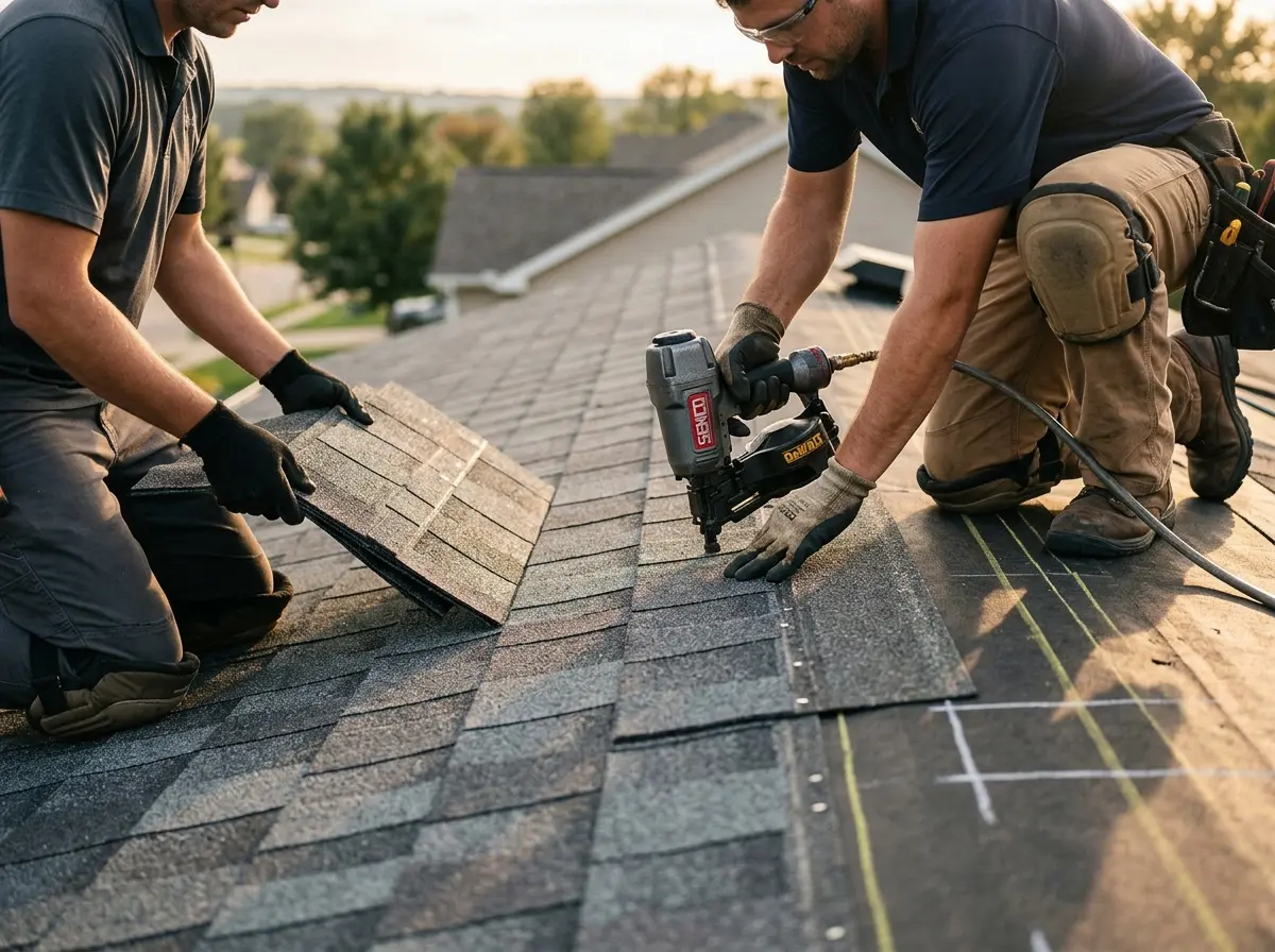 Professional roofer working on a residential roof in Brownsburg